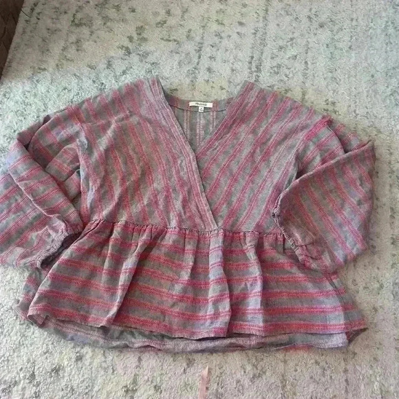 Madewell Womens Gray and Red Striped Bubble-Sleeve Peplum Top M - Picture 11 of 16
